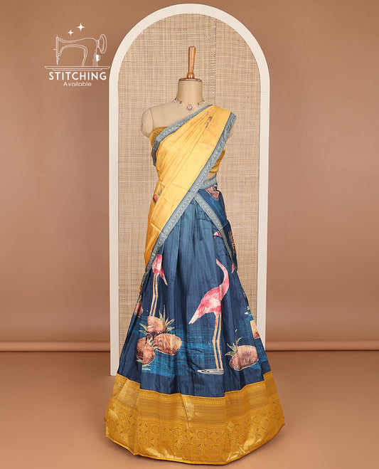 Blue pond scenery design half saree with contrast floral design border & zari design blouse & floral zari design dhavani