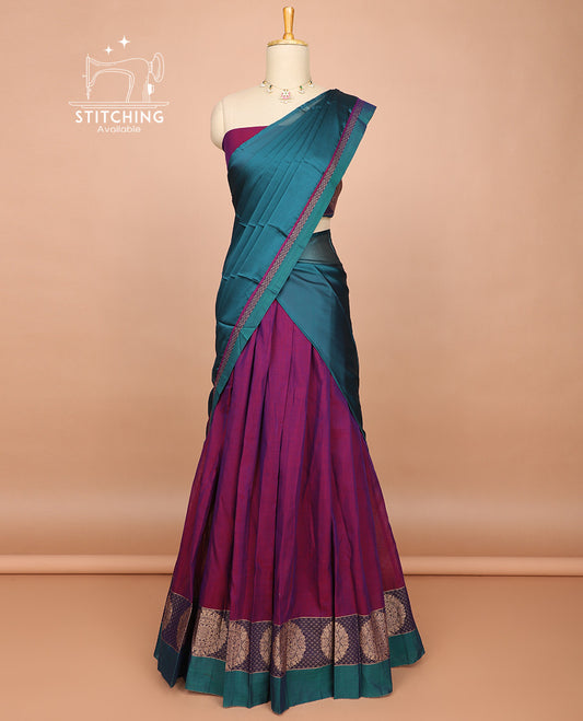 Purple cotton half saree with contrast floral design border, floral design blouse & plain, checked design border dhavani
