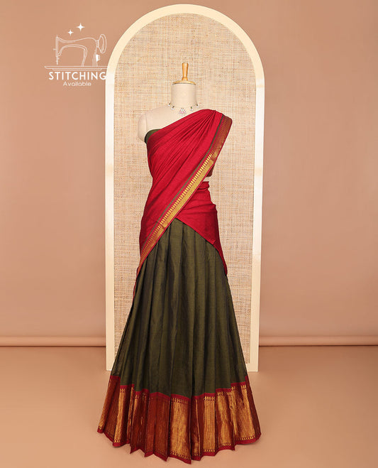Olive green half saree with self zari design border, zari design blouse & plain, intricate zari design border dhavani
