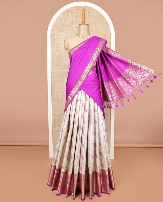 Sandal floral jacquard art silk half saree with contrast intricate zari design border, zari design blouse & floral design dhavani