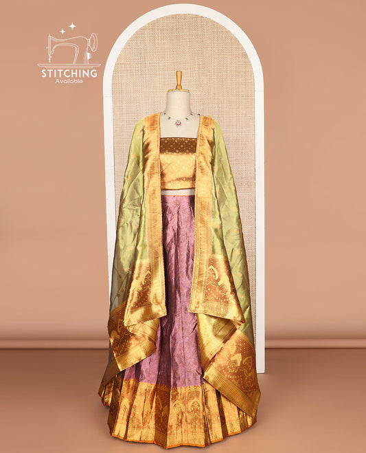 Violet buttas tissue half saree with contrast zari design border, zari design blouse & checkered design dhavani