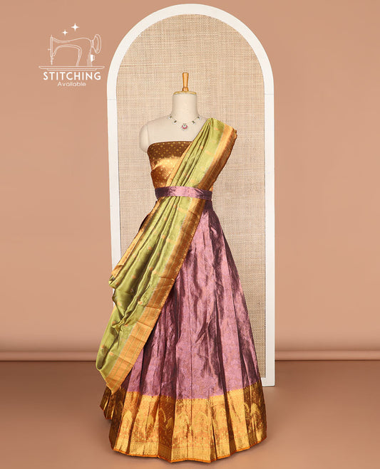 Violet buttas tissue half saree with contrast zari design border, zari design blouse & checkered design dhavani