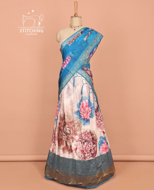 Multi-color floral printed art silk half saree, contrast traditional border, jacquard blouse & floral printed dhavani