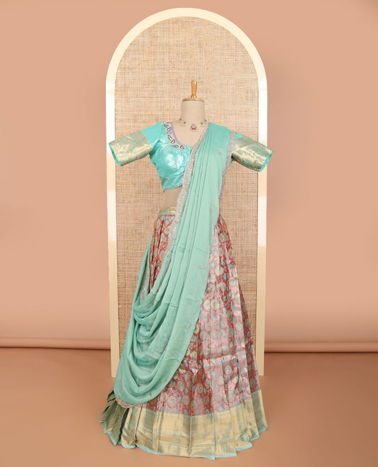 Brown floral jacquard half saree with contrast zari design border, floral embroidered blouse & floral embroidery dhavani