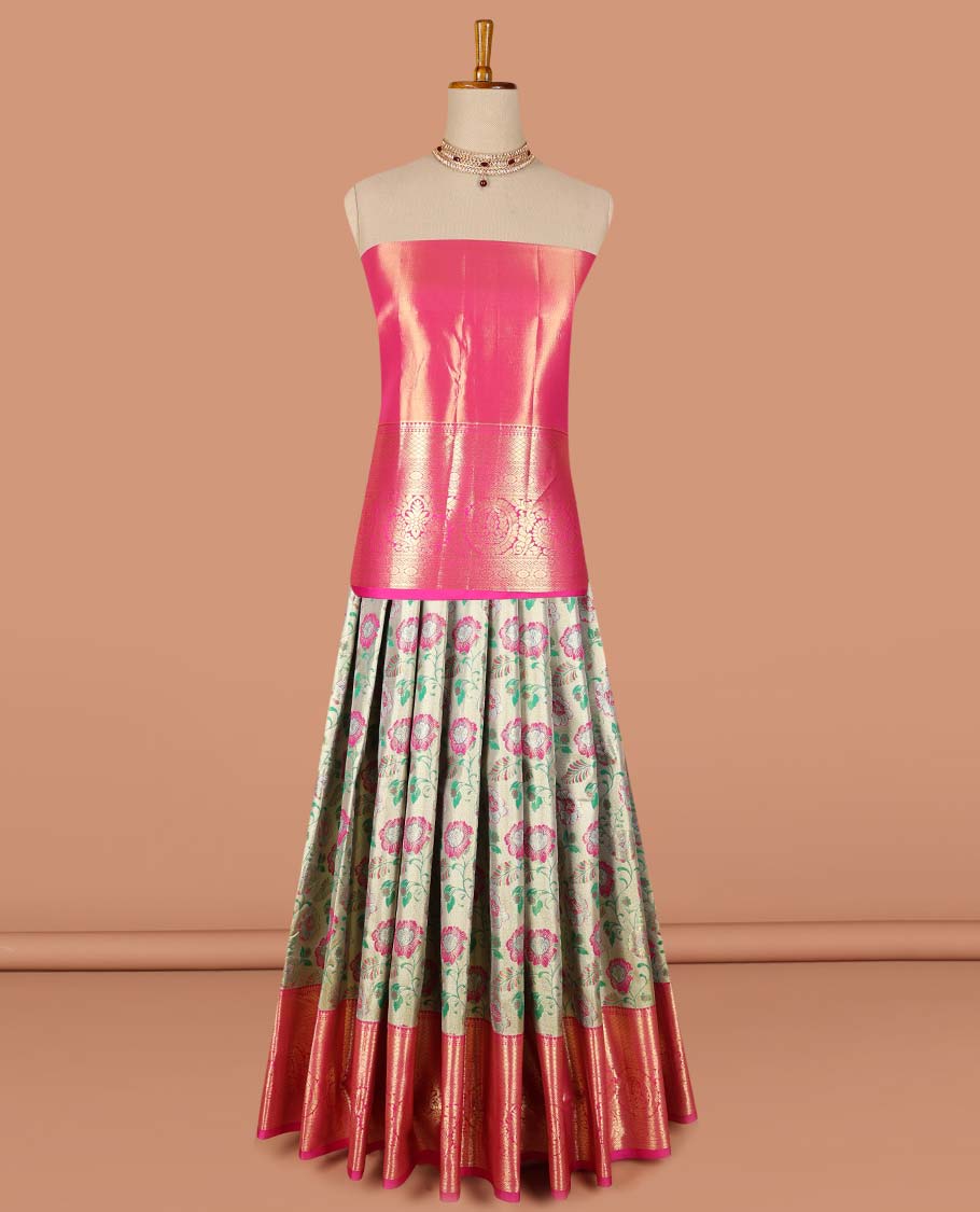 Green floral design art-silk half saree, contrast traditional zari border, zari design blouse & floral zari design dhavani
