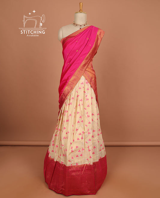 Cream floral buttas half saree with contrast zari border, zari design blouse & pink floral zari design dhavani