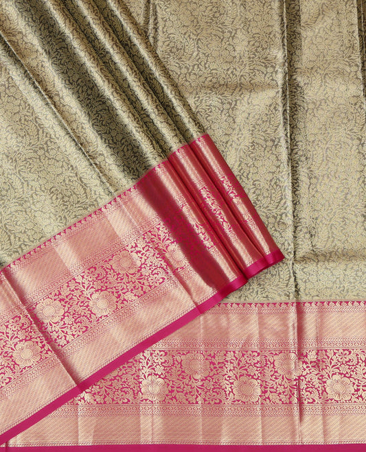 Grey Jacquard Art Silk Pavadai Material, a Contrast Traditional Zari Border, a Contrast Blouse
