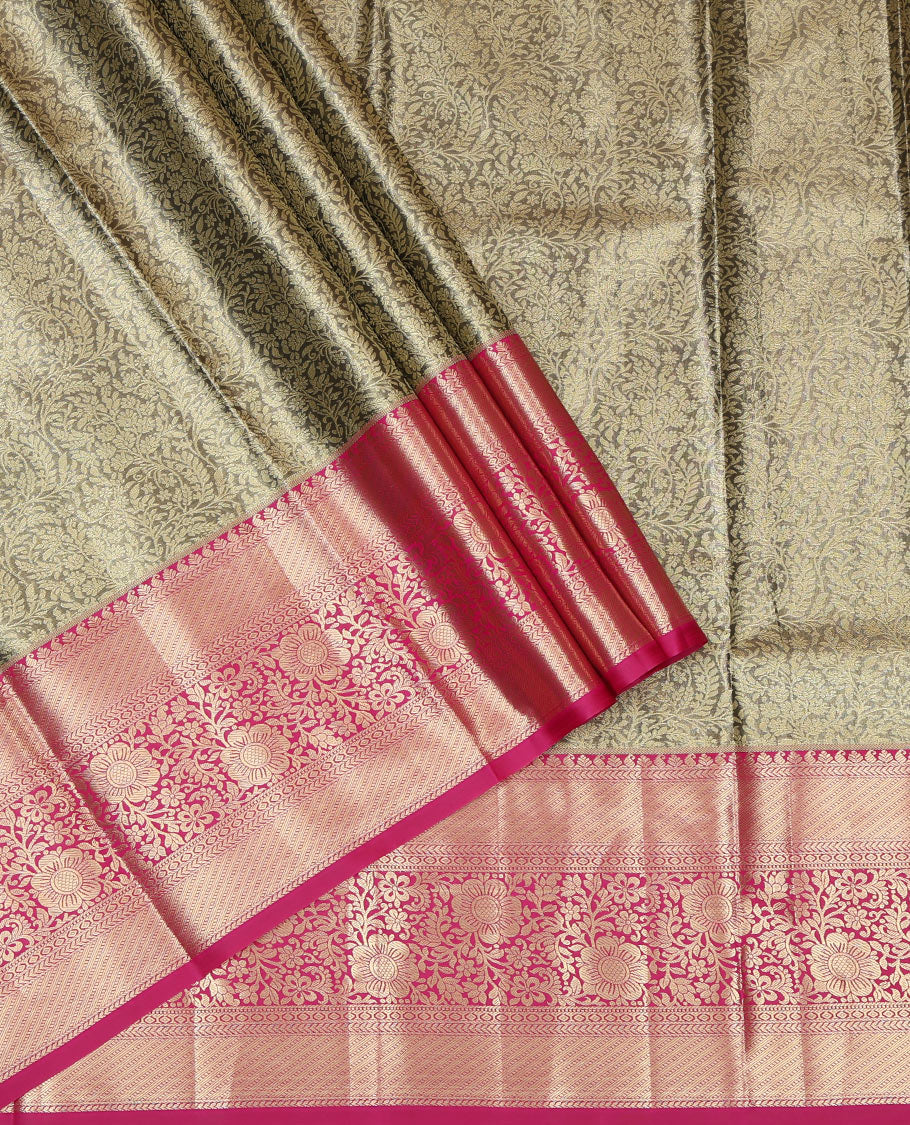Grey Jacquard Art Silk Pavadai Material, a Contrast Traditional Zari Border, a Contrast Blouse