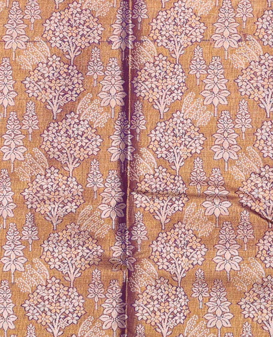 Brown floral design art silk pavadai material with contrast zari design border & floral zari design blouse