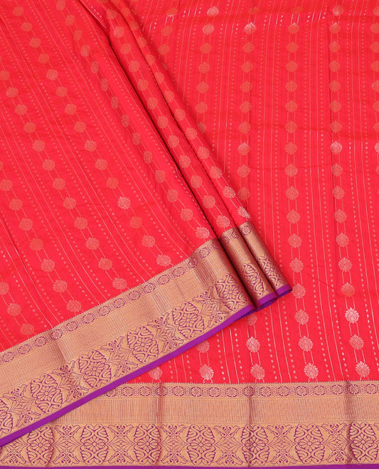 Red Art Silk Pavadai Material Set, Opulently Embellished with Zari Designs All Over the Skirt, Complemented by a Contrast Zari Design Woven Border, and Paired with a Contrast Blouse