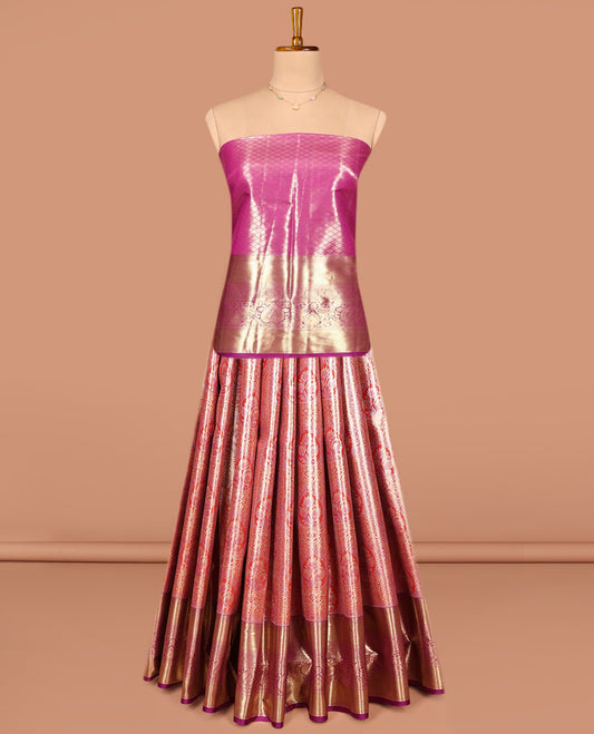 Red Art Silk Pavadai Material Set, Spotlighted with Jacquard Design on Its Skirt, Complemented by a Contrast Traditional Zari Designs Border, and Paired with a Contrast Jacquard Blouse