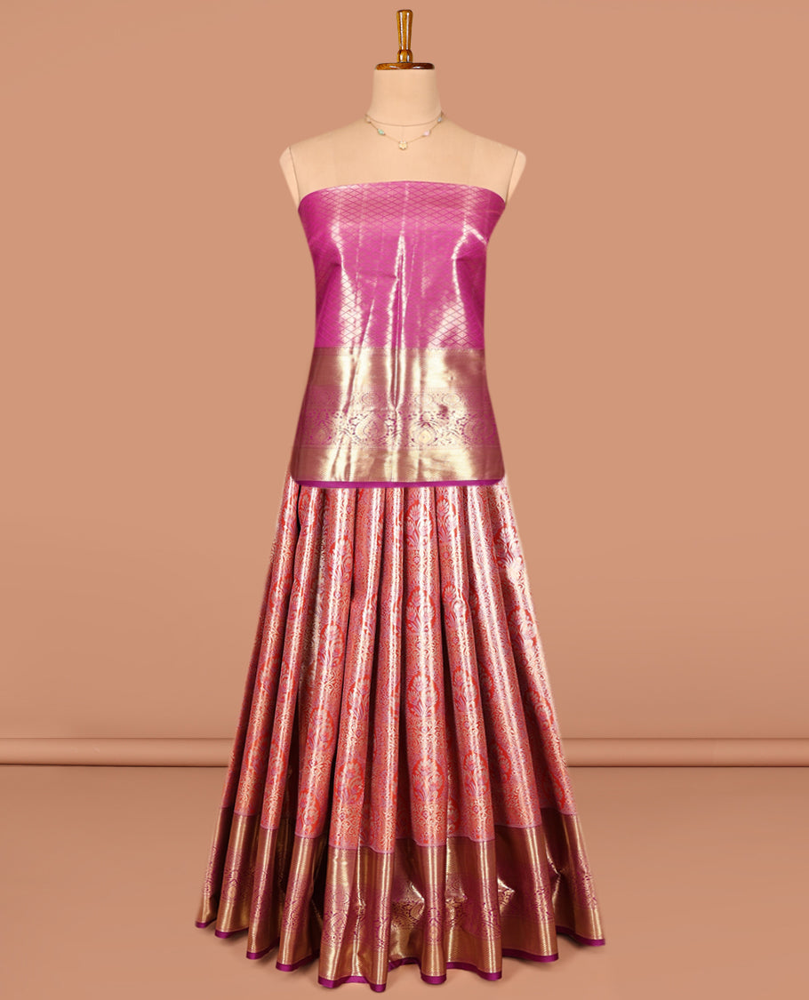 Red Art Silk Pavadai Material Set, Spotlighted with Jacquard Design on Its Skirt, Complemented by a Contrast Traditional Zari Designs Border, and Paired with a Contrast Jacquard Blouse