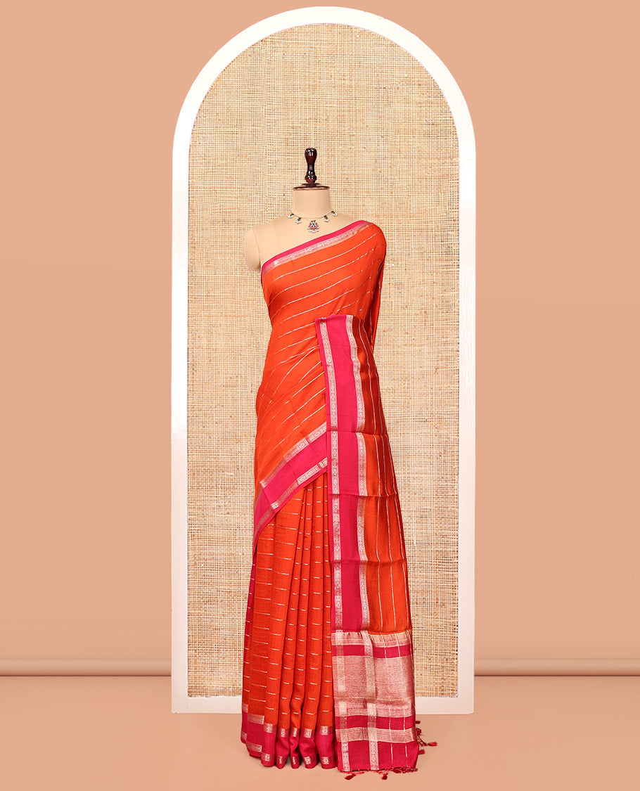 Orange Assam Silk Saree, Dazzled with Zari Stripes, Complemented Contrast by a Traditional Zari Border, Striped Pallu, and a Contrast Blouse