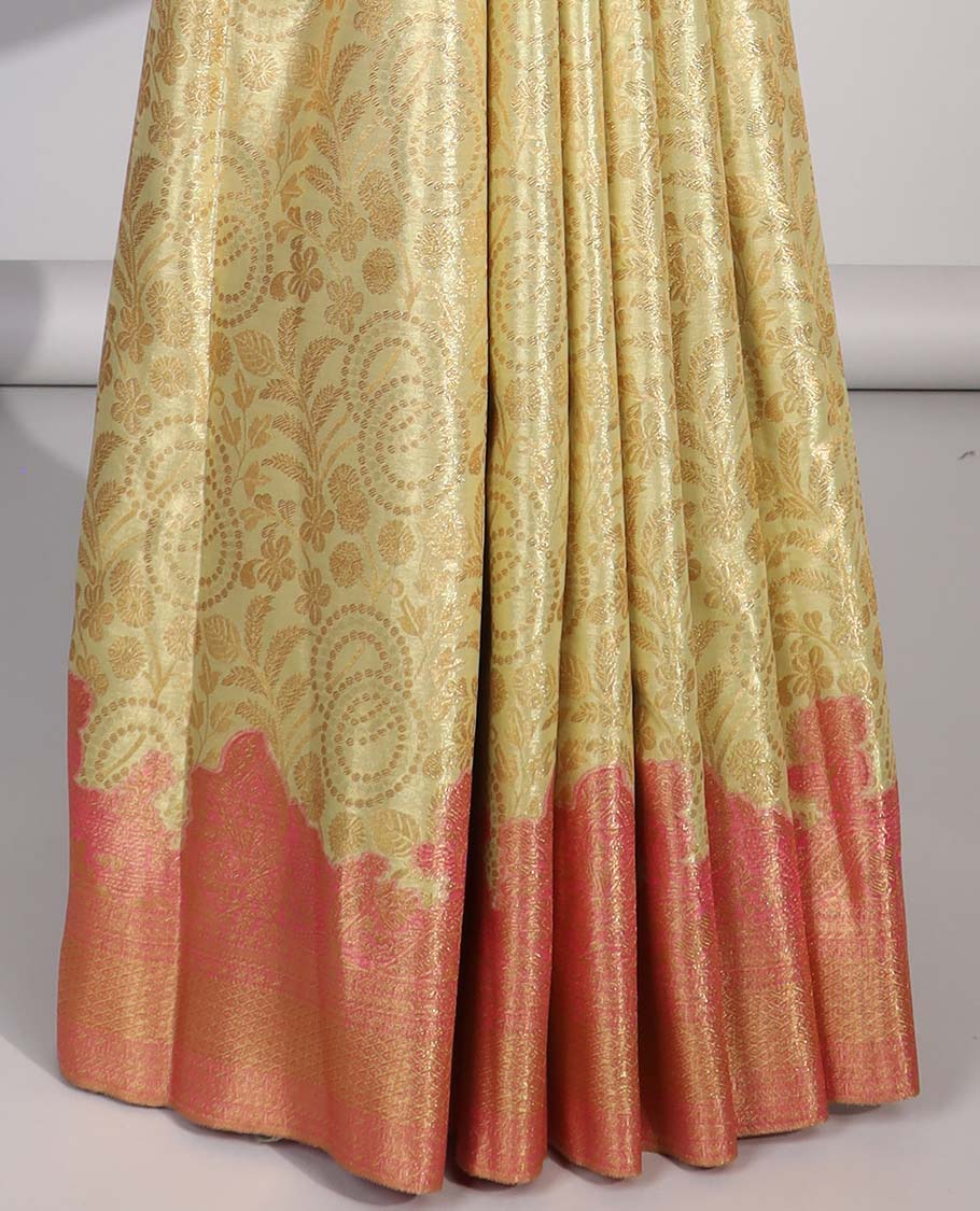 Green  floral jacquard budget silk saree with contrast floral zari border & pallu of floral zari design