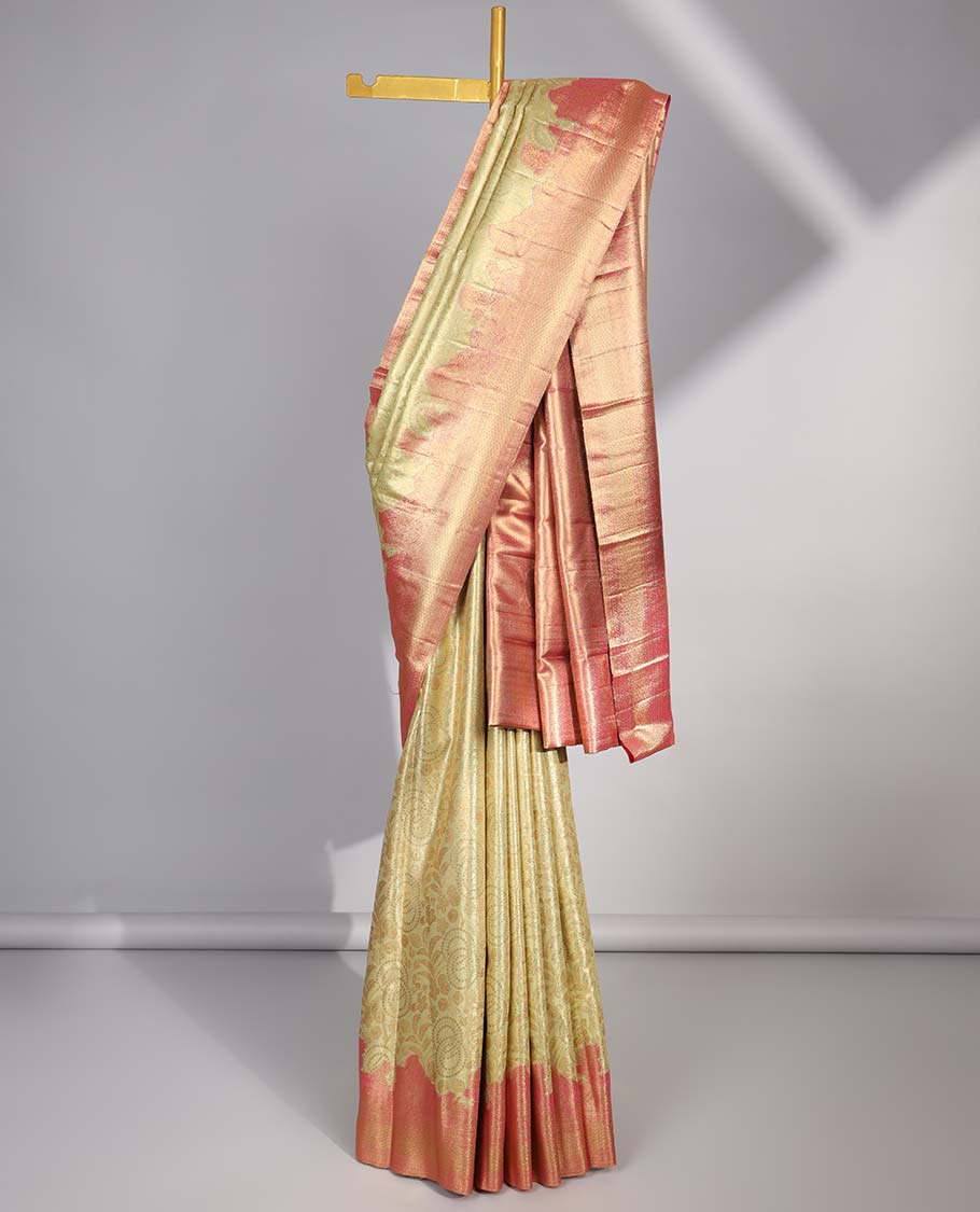 Green  floral jacquard budget silk saree with contrast floral zari border & pallu of floral zari design