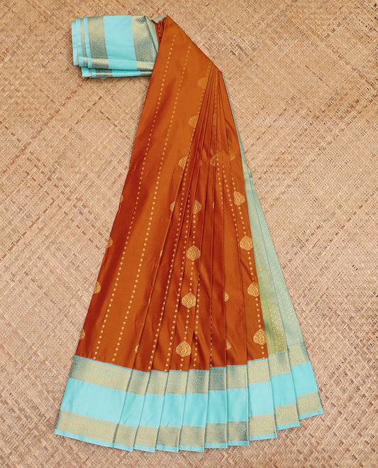 Orange zari design gift saree, contrast traditional zari design rettai pettu border, and jaal pallu
