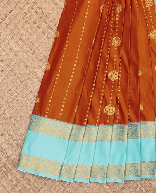 Orange zari design gift saree, contrast traditional zari design rettai pettu border, and jaal pallu