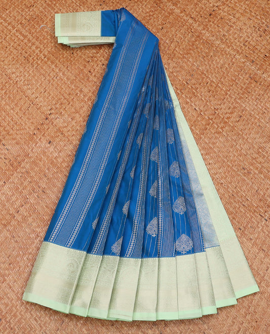 Blue geometric patterned budget silk saree, contrast traditional zari border, and pallu