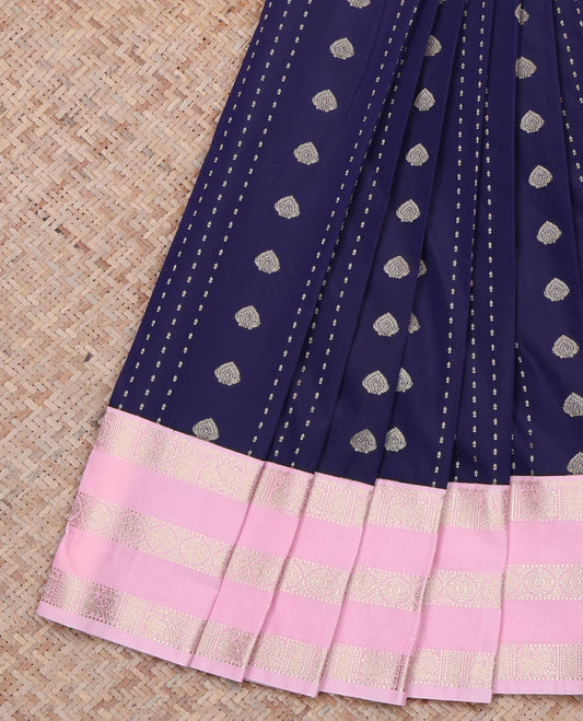 Blue Budget Silk Saree, Highlighted by Buttas All Over Its Body, Complemented by Contrast Traditional Zari Design Varisa Pettu Border, Sparsely Woven Jaal Pallu, and Paired with a Contrast Blouse