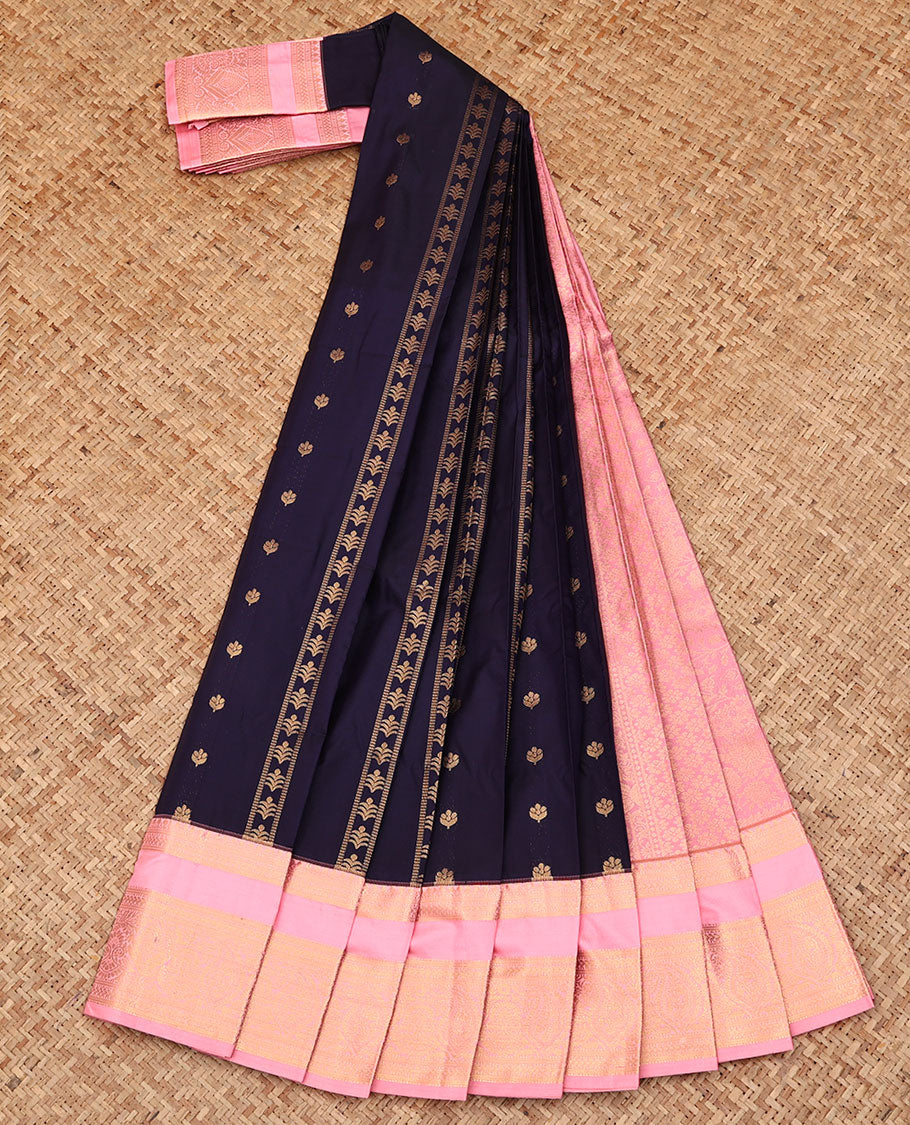 Navy Blue Budget Silk Saree, Bedecked with Zari Buttas and Stripes All Over Its Body, Complemented by a Contrast Traditional Zari Design Rettai Pettu Border, Grand Jaal Pallu, and Paired with a Contrast Blouse