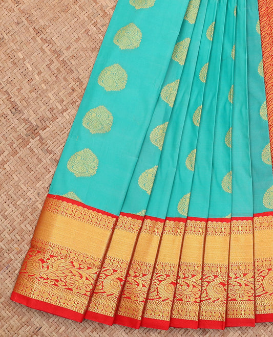 Blue Budget Silk Saree, Accentuated with Zari Buttas All Over Its Body, Complemented by a Contrast Traditional Zari Design Border, Grand Pallu, and Paired with a Contrast Blouse