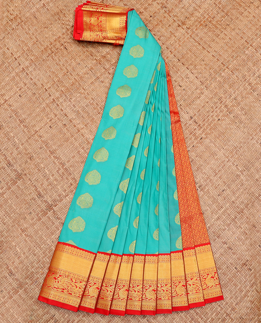 Blue Budget Silk Saree, Accentuated with Zari Buttas All Over Its Body, Complemented by a Contrast Traditional Zari Design Border, Grand Pallu, and Paired with a Contrast Blouse