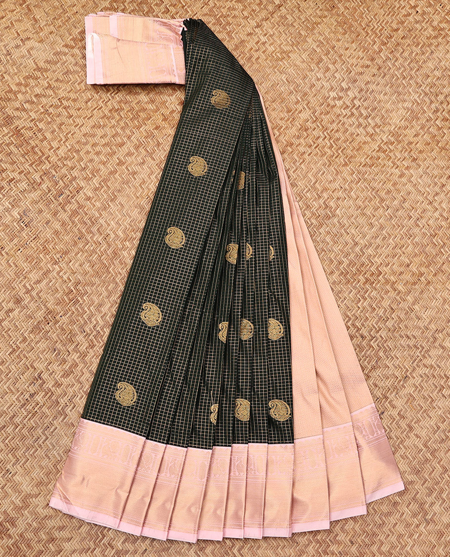 Green Budget Silk Saree, Richly Detailed with Zari Buttas and Checks, Complemented by a Contrast Traditional Zari Border, Grand Pallu, and a Contrast Blouse