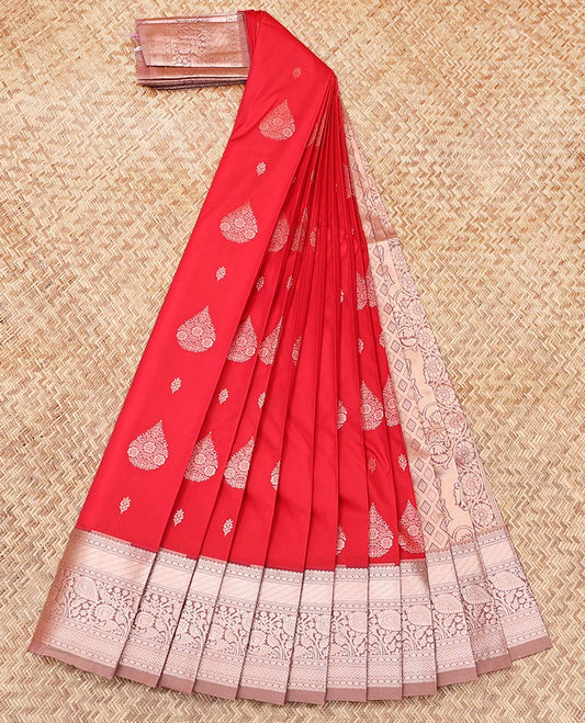 Red Budget Silk Saree, Spotlighted with Zari Buttas, Complemented by Contrast Traditional Zari Border, Jaal Pallu, and a Contrast Blouse