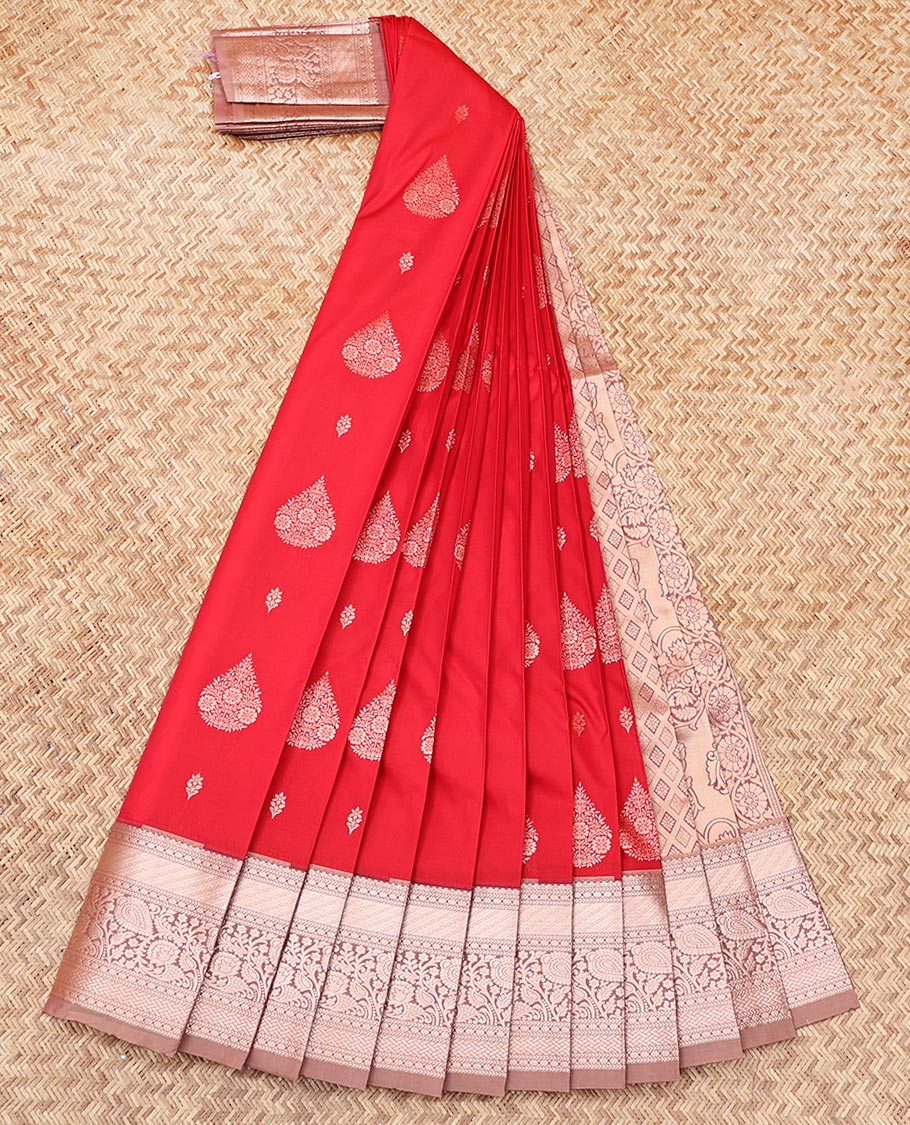 Red Budget Silk Saree, Spotlighted with Zari Buttas, Complemented by Contrast Traditional Zari Border, Jaal Pallu, and a Contrast Blouse