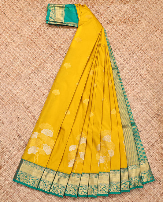 Yellow Budget Silk Saree, Sparsely Woven with Zari Buttas, a Contrast Traditional Zari Border, Grand Pallu, and a Contrast Blouse