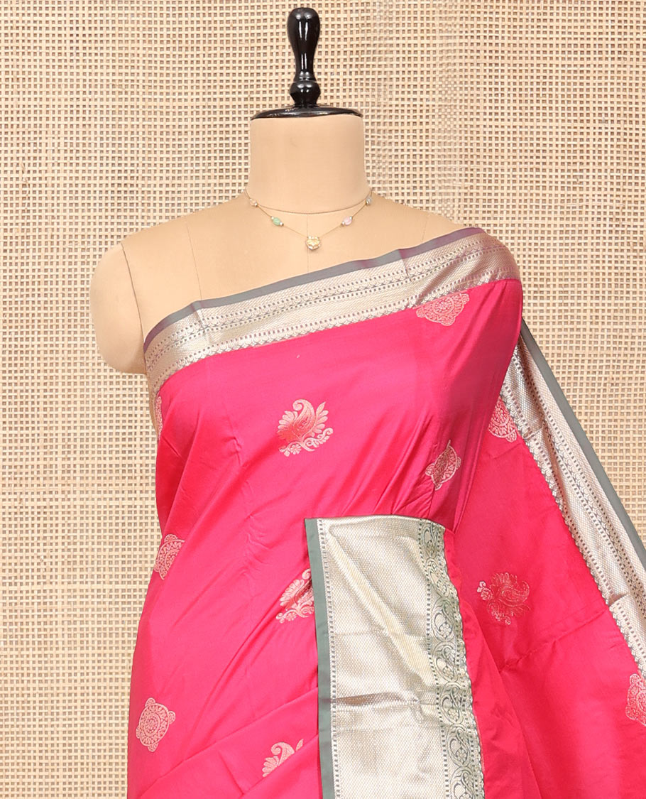 Pink Budget Silk Saree, Embellished with Zari Buttas, Complemented by a Contrast Traditional Zari Border, Jaal Pallu, and Contrast Blouse