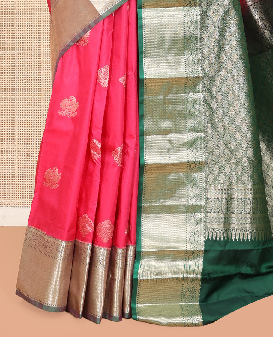 Pink Budget Silk Saree, Embellished with Zari Buttas, Complemented by a Contrast Traditional Zari Border, Jaal Pallu, and Contrast Blouse