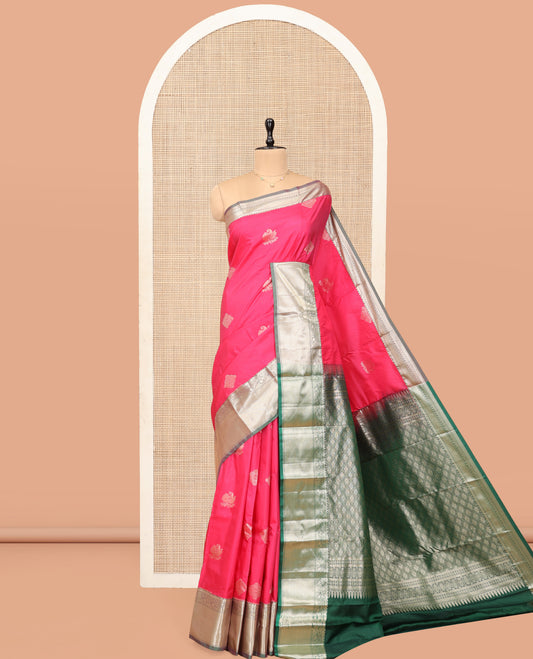 Pink Budget Silk Saree, Embellished with Zari Buttas, Complemented by a Contrast Traditional Zari Border, Jaal Pallu, and Contrast Blouse