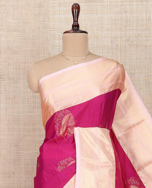 Dark Pink Budget Silk Saree, Gracefully Decked Up with Zari Buttas All Over Its Body, Complemented by a Contrast Traditional Zari Design Border, Intricately Designed Pallu, and Paired with a Contrast Blouse