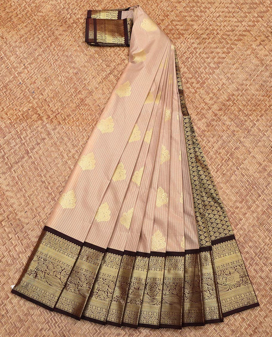 Light Sandal Budget Silk Saree, Spotlighted with Zari Buttas and Checks On Its Body, Complemented by Contrast Traditional Zari Designs Woven Border, Grand Jaal Pallu and Paired with a Contrast Blouse