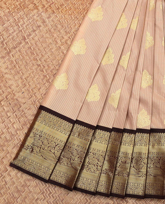 Light Sandal Budget Silk Saree, Spotlighted with Zari Buttas and Checks On Its Body, Complemented by Contrast Traditional Zari Designs Woven Border, Grand Jaal Pallu and Paired with a Contrast Blouse