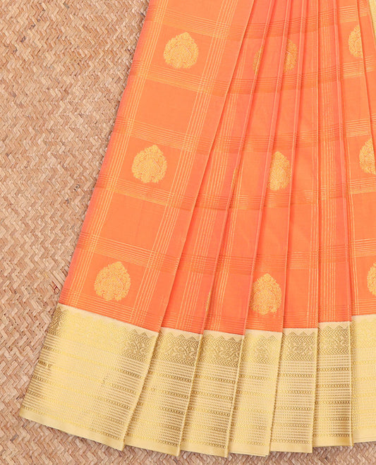 Orange Budget Silk Saree, Enriched with Zari Butta Enclosed Checks All Over Its Body, Complemented by a Contrast Traditional Zari Design Woven Border, Subtle Jaal Pallu, and Paired with a Contrast Blouse