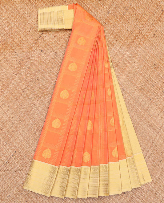 Orange Budget Silk Saree, Enriched with Zari Butta Enclosed Checks All Over Its Body, Complemented by a Contrast Traditional Zari Design Woven Border, Subtle Jaal Pallu, and Paired with a Contrast Blouse