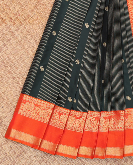 Green Budget Silk Saree, Enthralled with Zari Buttas and Stripes All Over Its Body, Complemented by a Contrast Traditional Zari  Border of Floral Creeper Designs, Intricate Pallu, and Paired with a Contrast Blouse