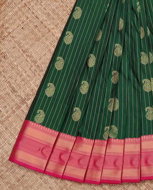 Bottle Green Budget Silk Saree, Detailed with Paisley Buttas and Stripes All Over Its Body, Complemented by a Contrast Traditional Zari Border, Grand Pallu, and Paired with a Contrast Blouse