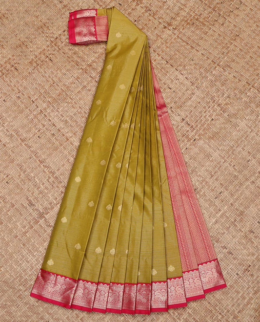 Green Budget Silk Saree, Embellished with Zari Buttas and Stripes on Its Body, Complemented by a Contrast Traditional Zari Design Border, Grand Geometric-Patterned Pallu, and Paired with a Contrast Blouse
