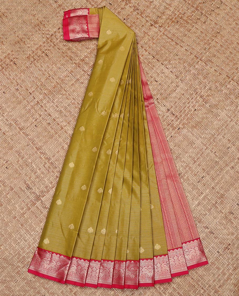 Green Budget Silk Saree, Embellished with Zari Buttas and Stripes on Its Body, Complemented by a Contrast Traditional Zari Design Border, Grand Geometric-Patterned Pallu, and Paired with a Contrast Blouse