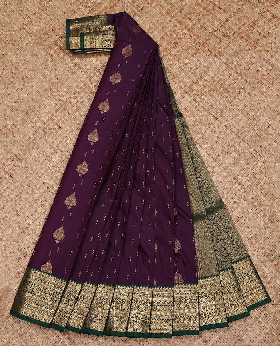 Purple Budget Silk Saree, Gleamed Up with Zari Buttas All Over Its Body, Complemented by a Contrast Traditional Zari Design Border, Grand Pallu, and Paired with a Contrast Blouse