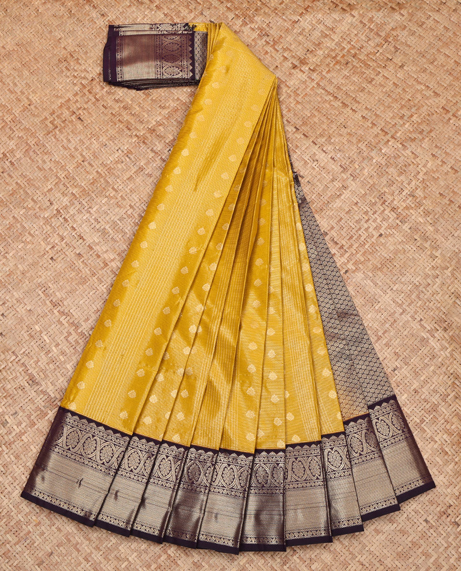 Mustard Budget Silk Saree, Elevated with Zari Buttas and Checks, Complemented by a Contrast Traditional Zari Design Border, Grand Jaal Pallu, and a Contrast Blouse