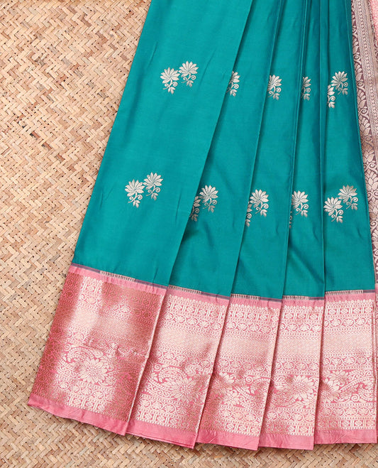 Green Budget Silk Saree, Gleamed Up with Zari Buttas, Complemented by a Contrast Traditional Zari Border, Intricately Designed Pallu, and a Contrast Blouse