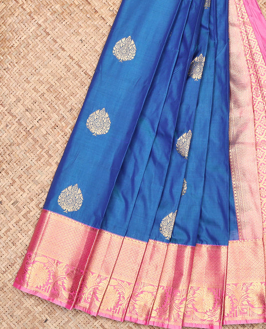 Blue Budget Silk Saree Features Zari Buttas, Contrast Traditional Zari Border, Jaal Pallu, and a Contrast Blouse