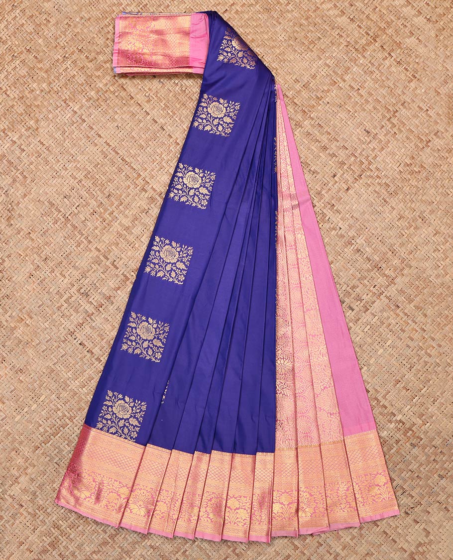Blue Budget Silk Saree, Beautified with Zari Buttas, Complemented by Contrast Traditional Zari Border, Grand Pallu and a Contrast Blouse