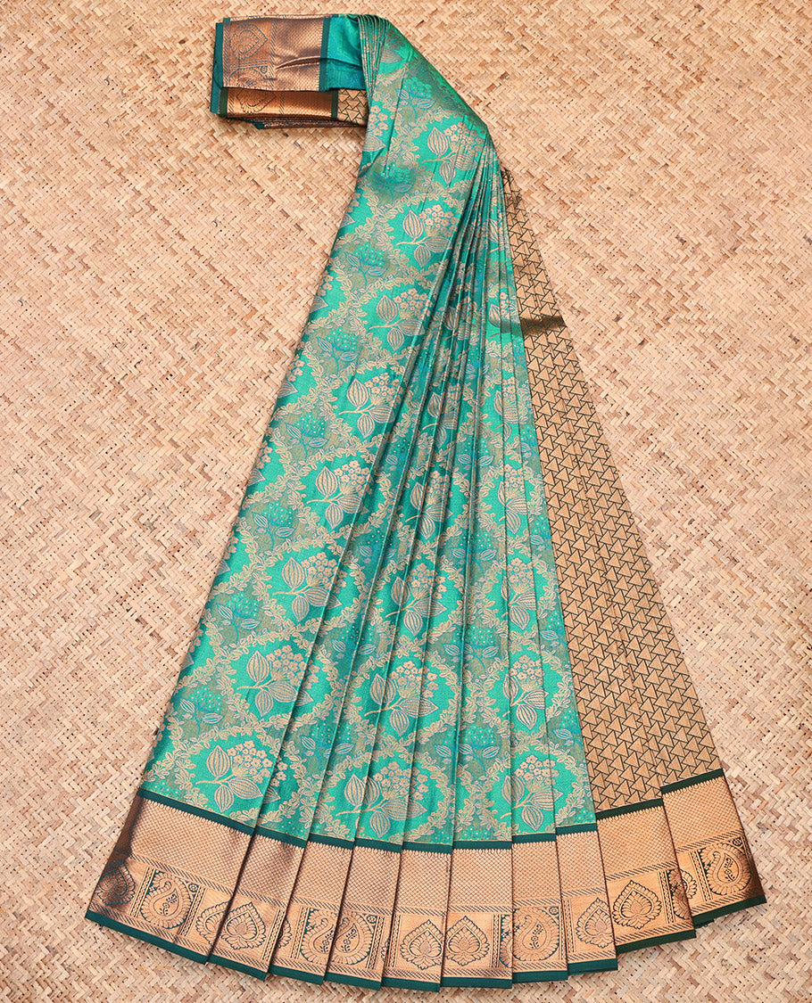 Green Budget Silk Saree, Prettified with Floral Jacquard Design, Complemented by Contrast Traditional Zari Border, Grand Pallu and a Contrast Blouse