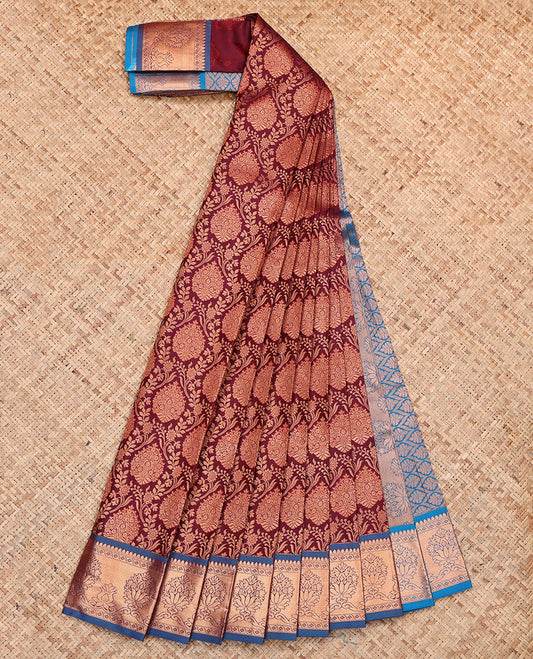 Maroon Budget Silk Saree, Majestically Detailed with Jacquard, Complemented by Contrast Traditional Zari Border, Grand Pallu, and a Contrast Blouse