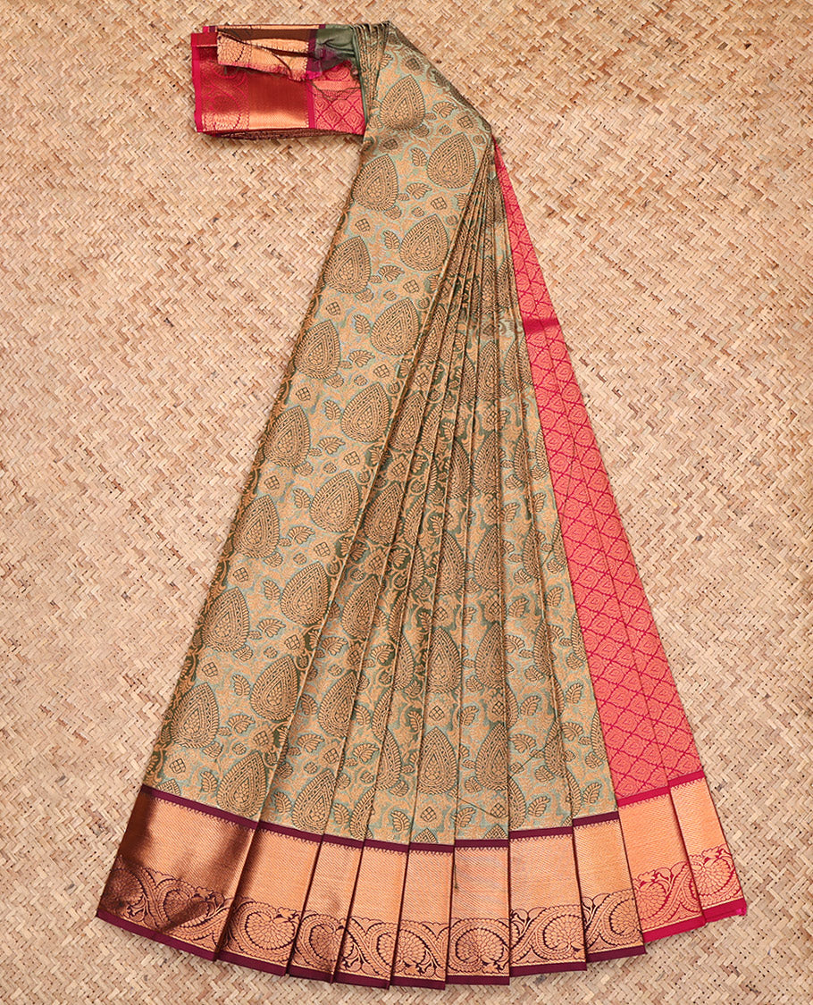 Green Budget Silk Saree, Detailed with Jacquard, a Contrast Traditional Zari Border, Jaal Pallu, and a Contrast Blouse